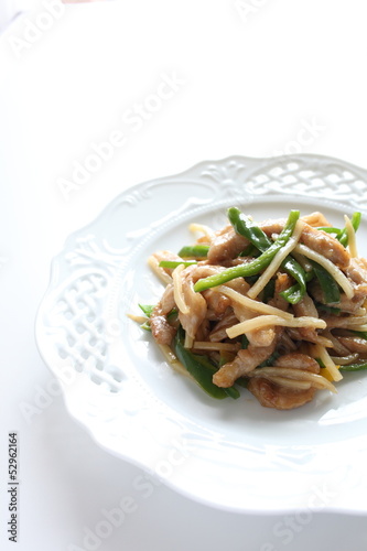 chinese cuisine, green pepper and pork slides stir fried