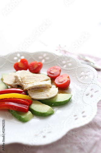 healthy gourmet, steamed chicken and vegetable on dish