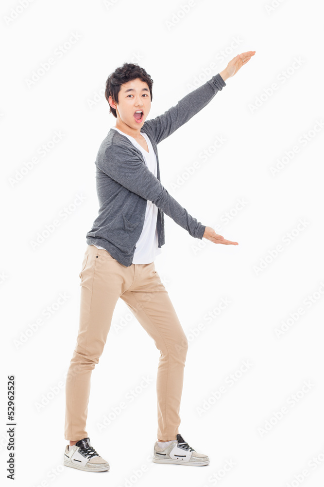 Asian man present something