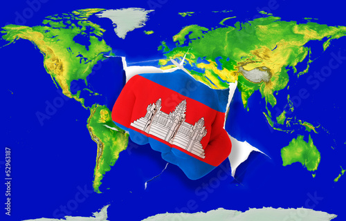 Fist in color national flag of cambodia punching world map