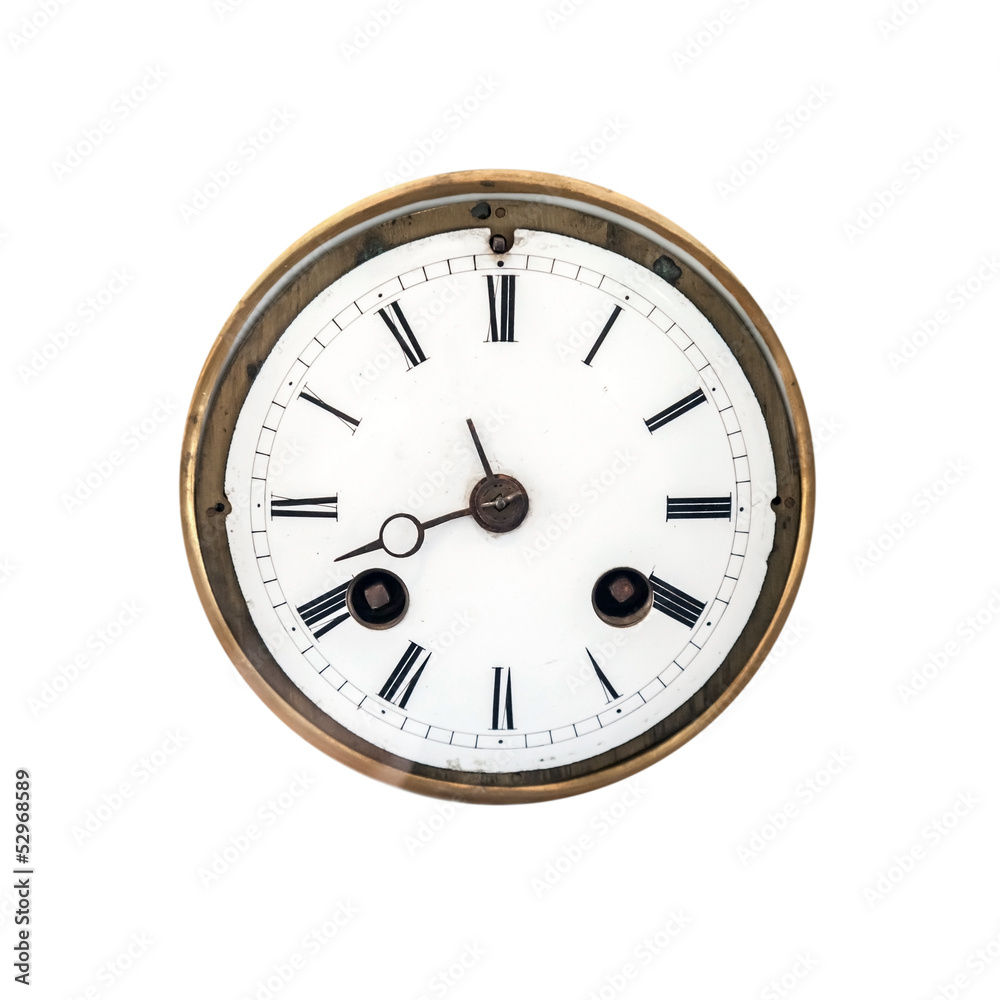 Front view of an ancient clock dial with roman signs Front view of an ancient clock dial with roman signs
