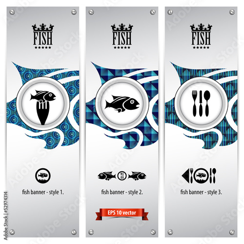 three variations of fish banners with geometrical designs