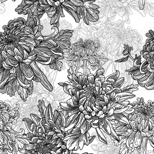 Fototapeta Naklejka Na Ścianę i Meble -  Floral lack and white background with chrysanthemums