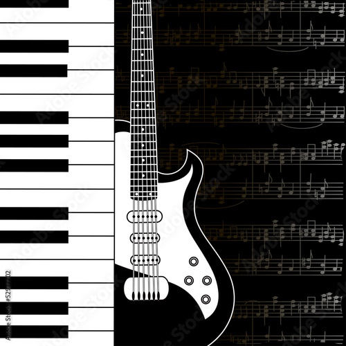 Music background with keyboard, guitar and stave notes