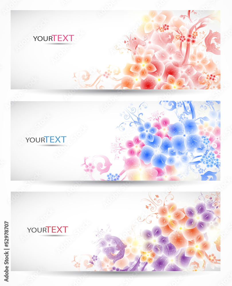 Set of three banners,  with colorful floral elements