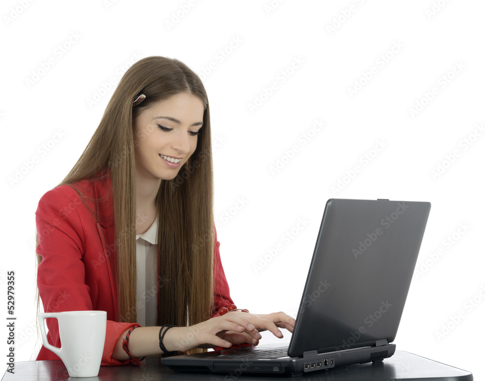 Young businesswoman at an office desk with a cup of coffe isolat Young businesswoman at an office desk with a cup of coffe isolat