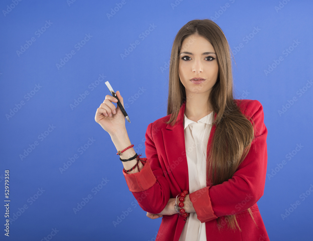Portrait of urban business woman wearing tie, isolated on blue Portrait of urban business woman wearing tie, isolated on blue