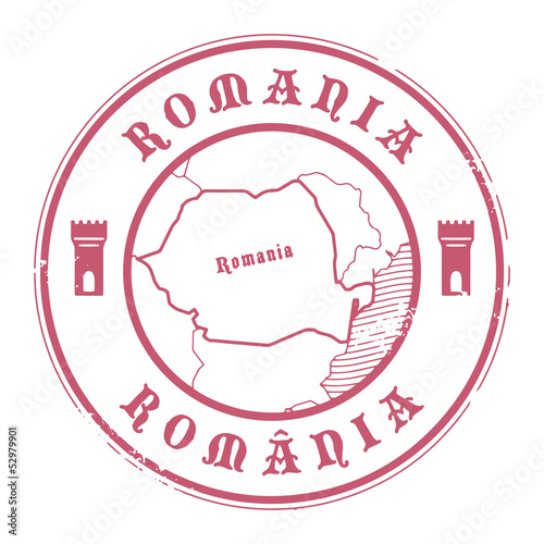 Grunge rubber stamp with the name and map of Romania, vector