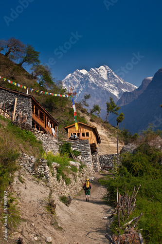 Hiker in Himalayan village
