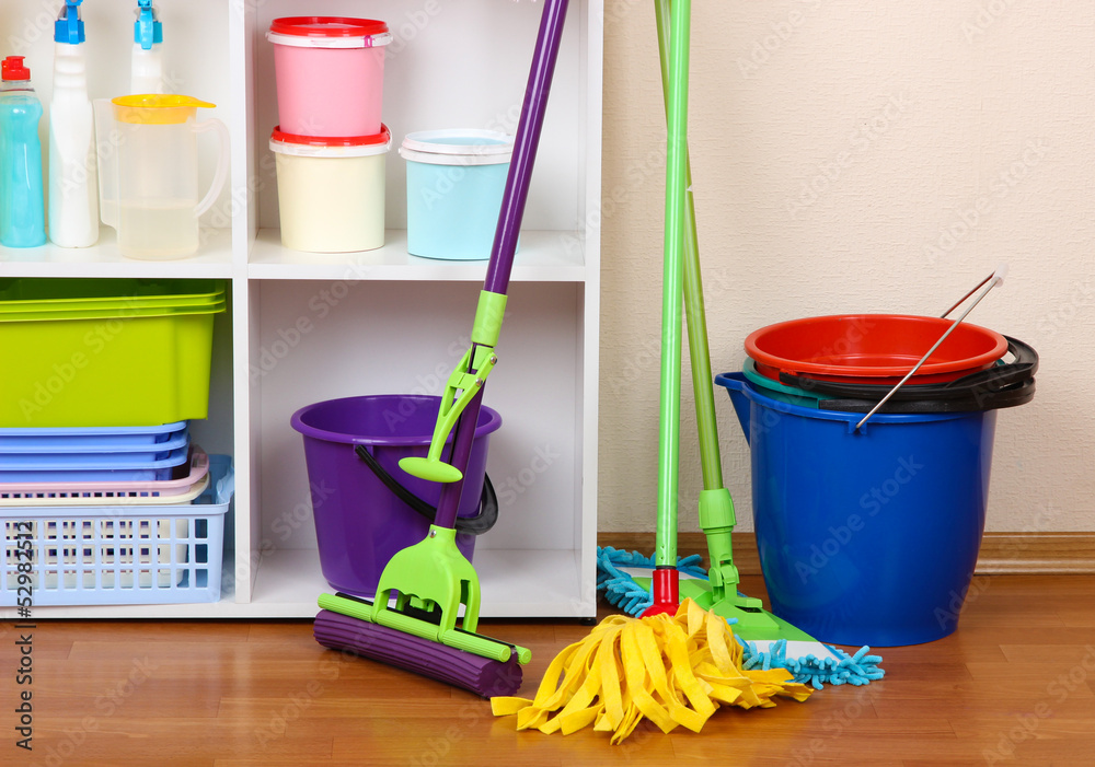 Shelves in pantry with cleaners for home close-up Shelves in pantry with cleaners for home close-up