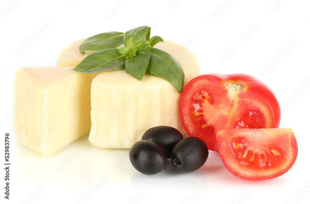 Cheese mozzarella,basil and vegetables isolated on white