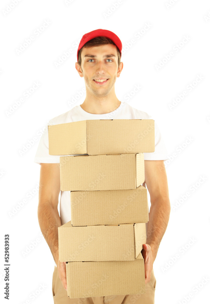 Young delivery man holding parcels, isolated on white Young delivery man holding parcels, isolated on white