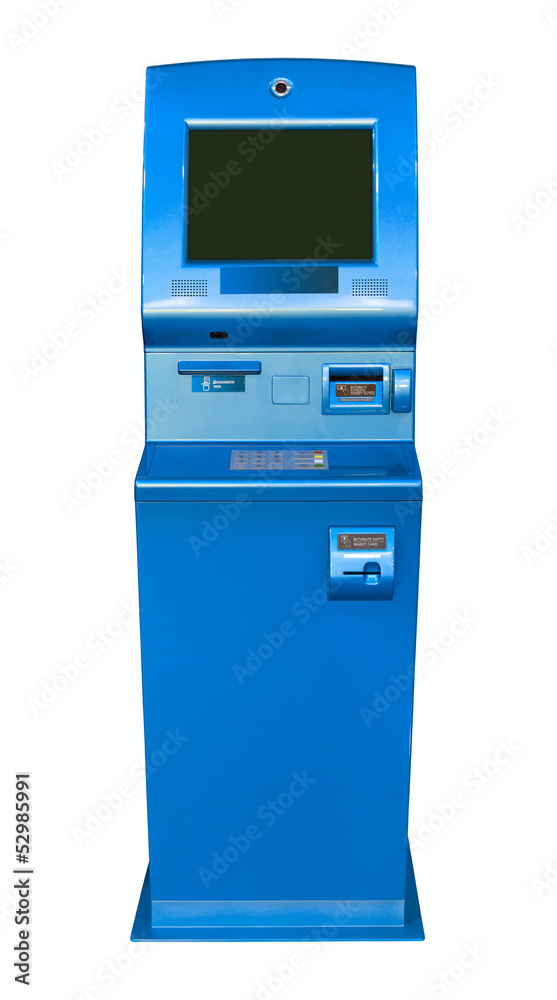 Blue ATM / cash machine, isolated on white background