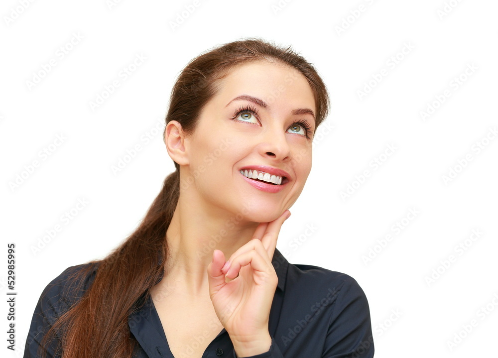 Smiling business thinking woman looking up isolated on white Smiling business thinking woman looking up isolated on white