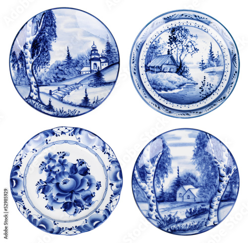 Souvenir plates painted under Gzhel with the traditional pattern photo
