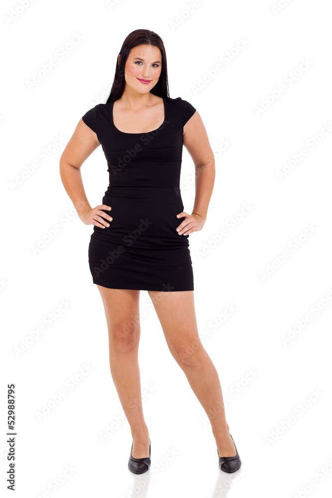 young woman in a black dress smiling
