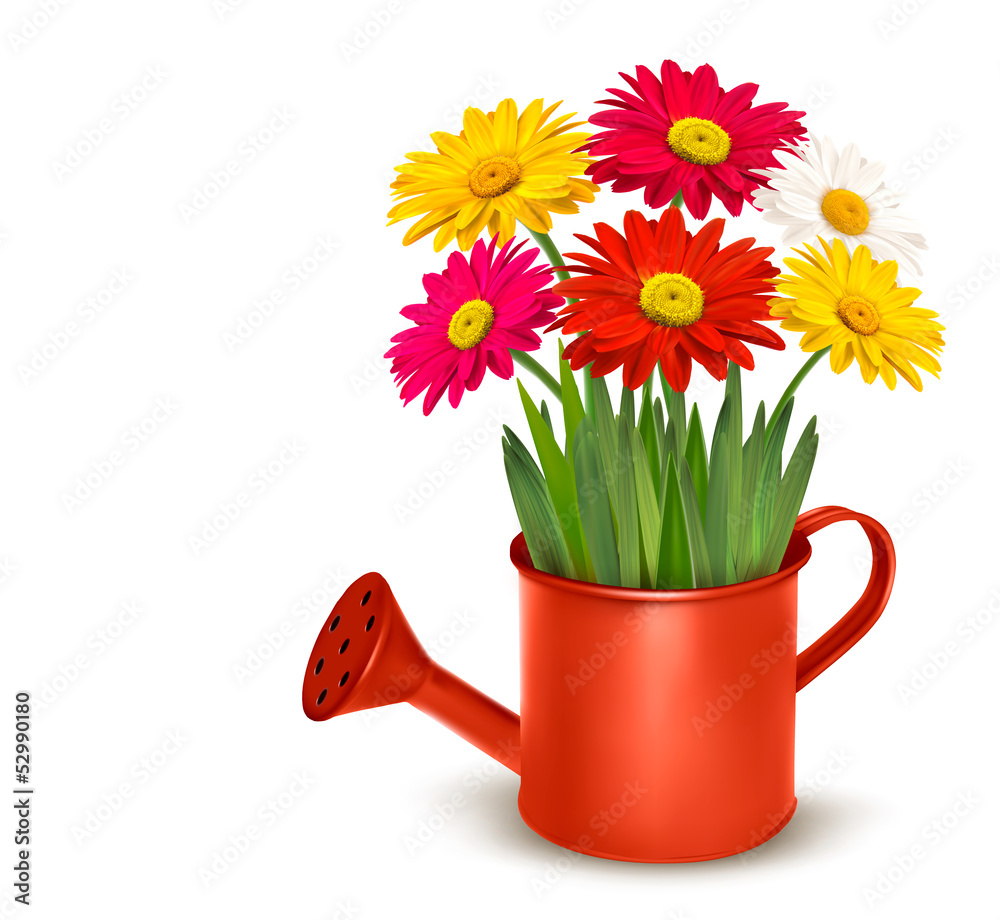 Fototapeta premium Fresh summer flowers in orange watering can. Vector illustration