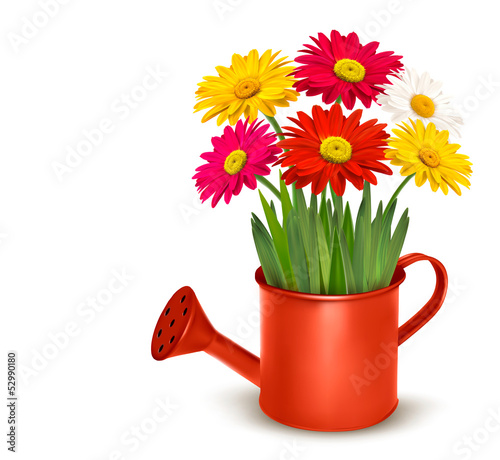 Fototapeta Naklejka Na Ścianę i Meble -  Fresh summer flowers in orange watering can. Vector illustration