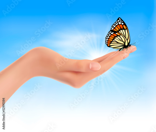 Hand holding a butterfly against a blue sky. Vector illustration