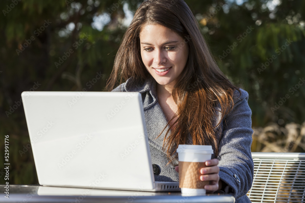 Young Woman Girl Using Laptop Drinking Coffee Young Woman Girl Using Laptop Drinking Coffee