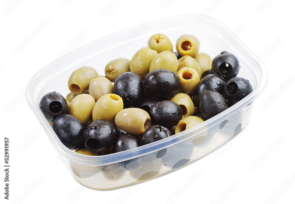 Green and black olives in a plastic packaging Green and black olives in a plastic packaging