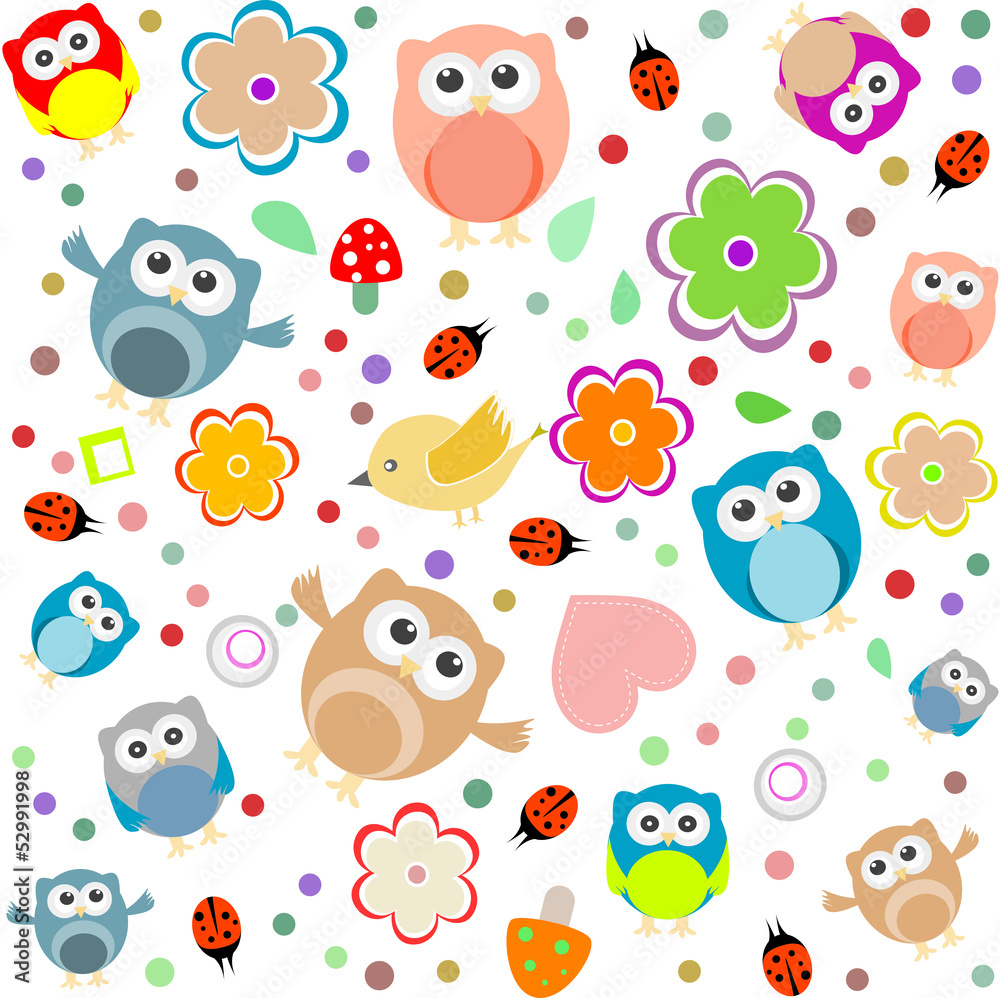 Fototapeta premium Bright background with owls, leafs, mushrooms and flowers