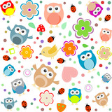 Bright background with owls, leafs, mushrooms and flowers