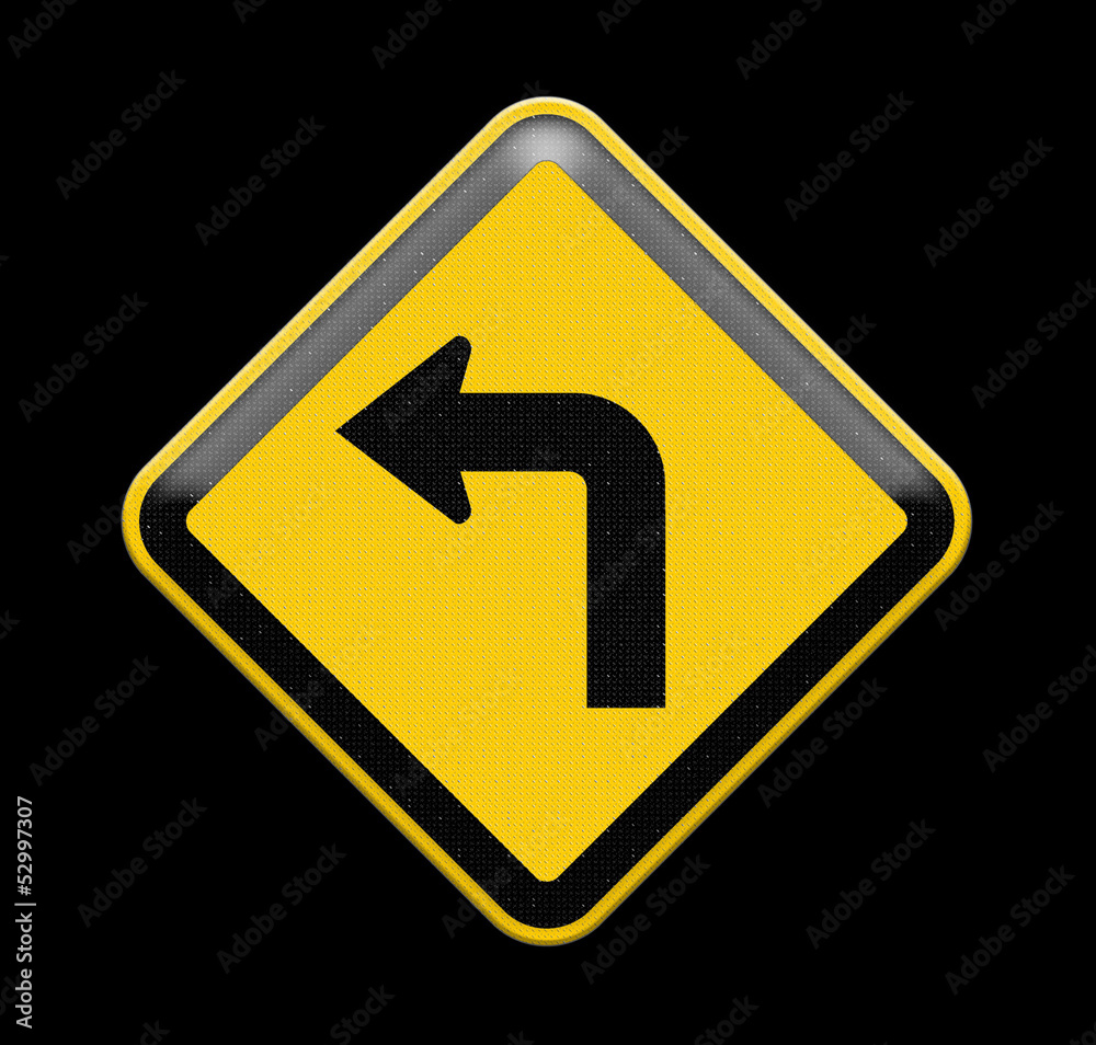 Turn left yellow road sign Turn left yellow road sign