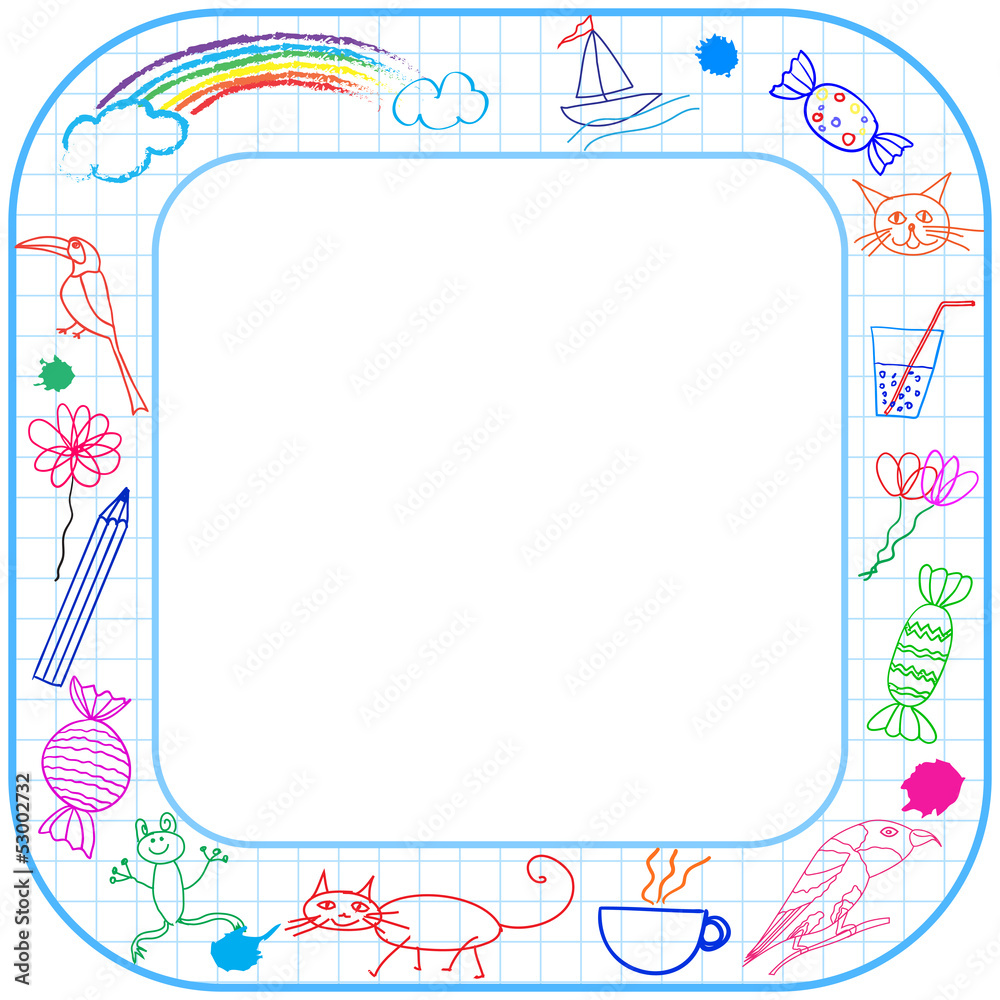 Square border frame with round corner and child drawing on paper Square border frame with round corner and child drawing on paper