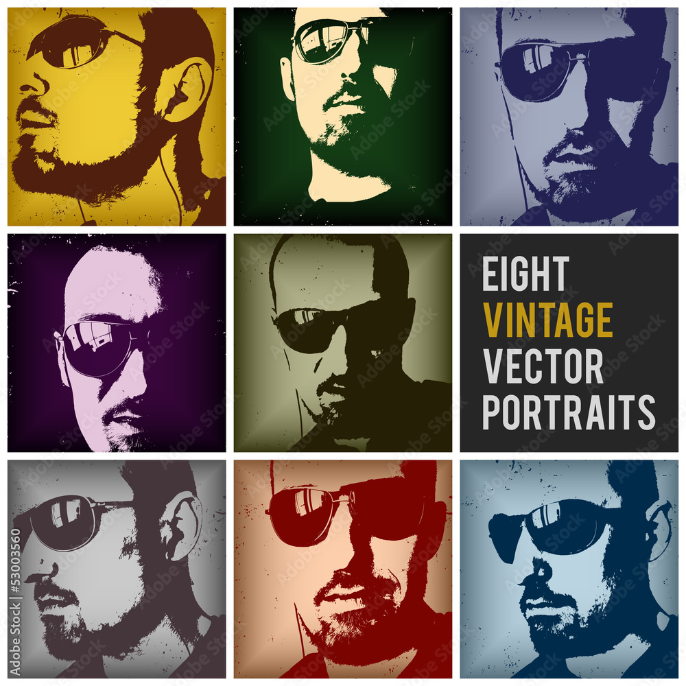 eight vintage vector portraits in different retro colors
