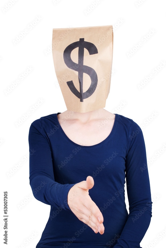 person with paper bag head and dollar sign person with paper bag head and dollar sign