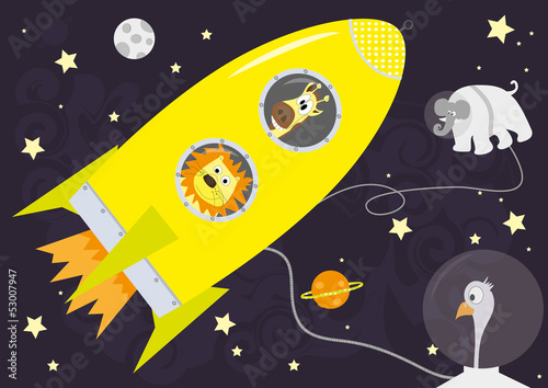 Yellow rocket and animals  in Space, horizontal #53007947