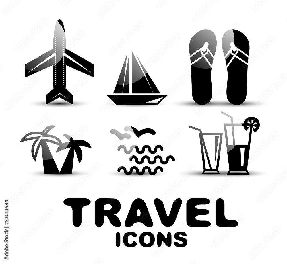 Black glossy travel icon set Black glossy travel icon set