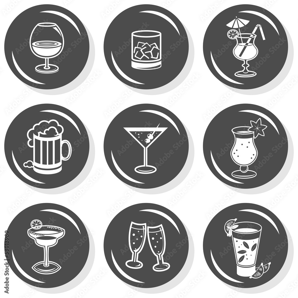 zabawa alkohol drinki zestaw ilustracji szary button set
