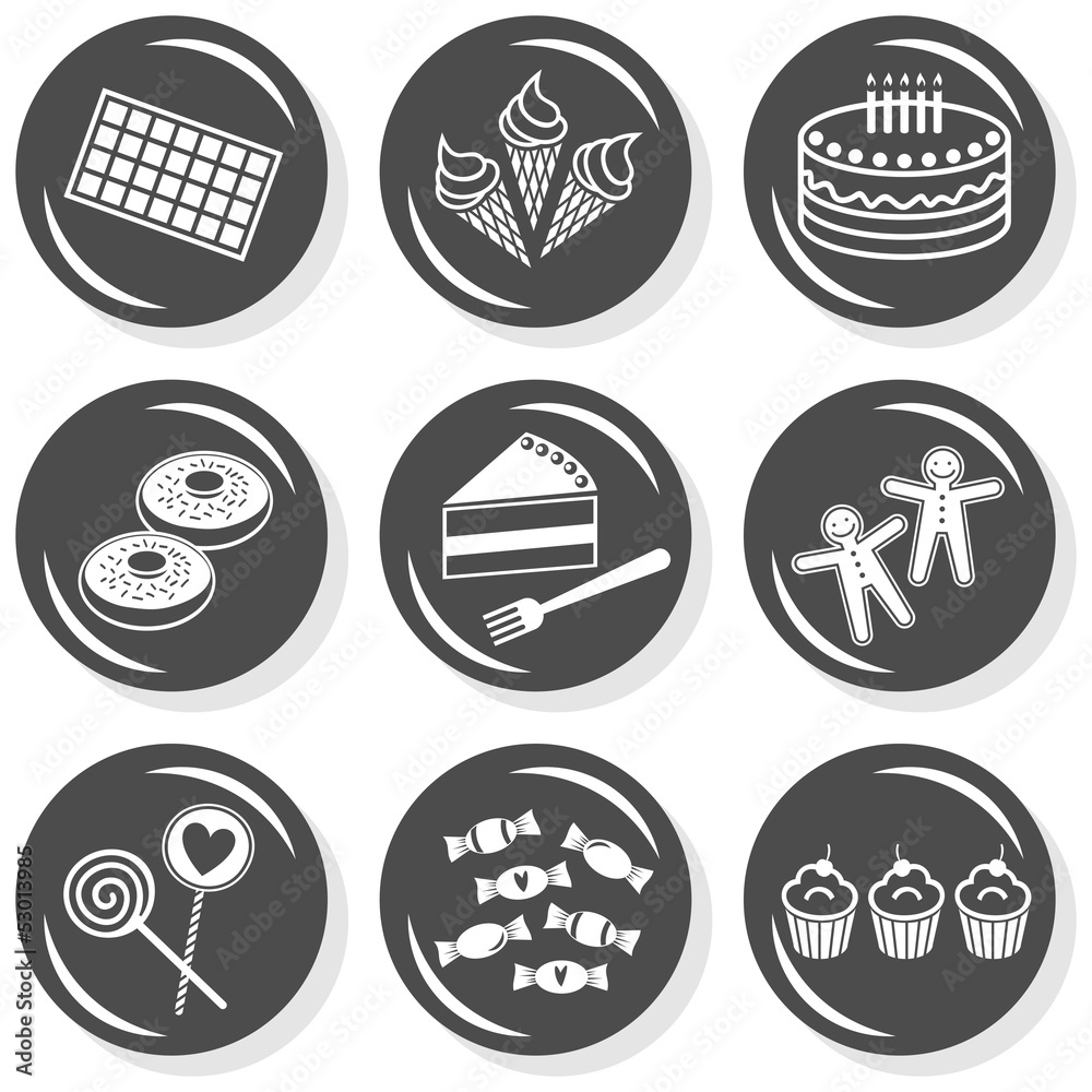 ciastka słodycze zabawa zestaw ilustracji szary button set