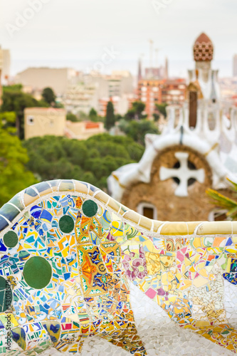 Detail of colorful mosaic in a bench of park Guell, designed by
