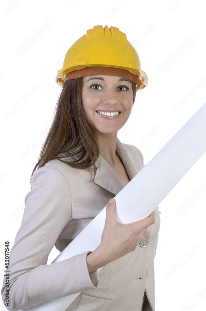 Junge hübsche Frau mit Bauhelm und Plan Junge hübsche Frau mit Bauhelm und Plan