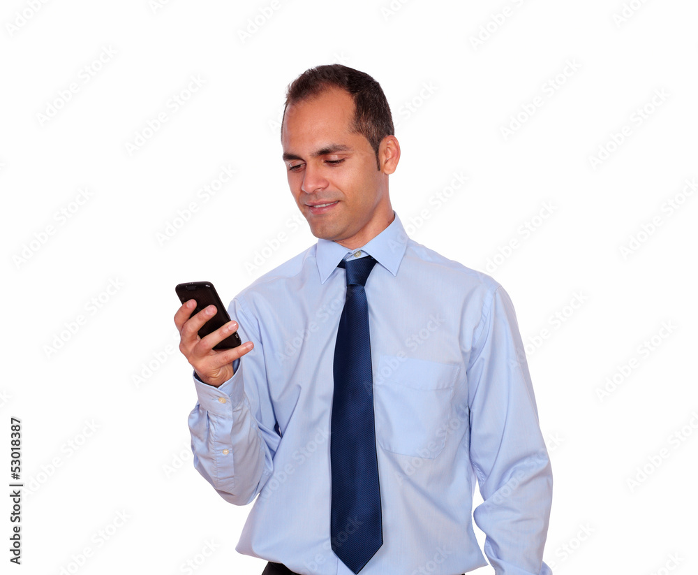 Adult man sending message by cellphone Adult man sending message by cellphone