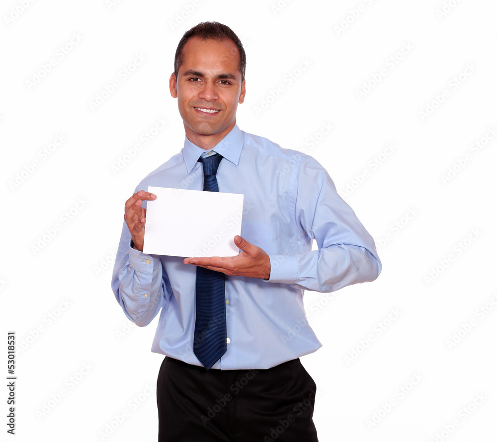 Adult man holding a white card with copyspace Adult man holding a white card with copyspace