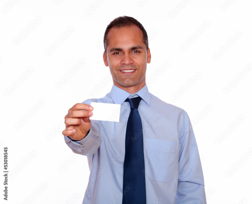 Businessman holding a white card with copyspace Businessman holding a white card with copyspace