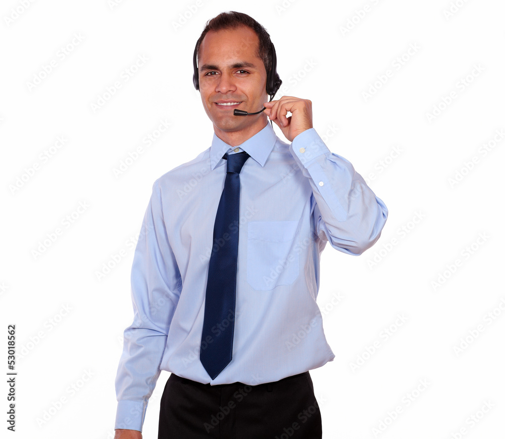 Smiling man using headphone with microphone Smiling man using headphone with microphone