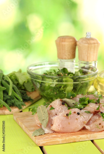 Chicken meat in glass plate,herbs and spices