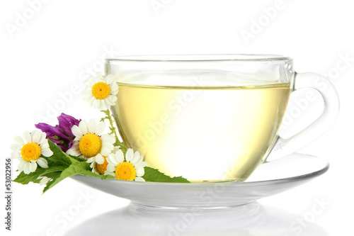 Fototapeta Naklejka Na Ścianę i Meble -  Cup of herbal tea with wild flowers and mint, isolated on white