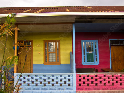 Colorful Living I: Red and Yellow Houses with Palm Tree