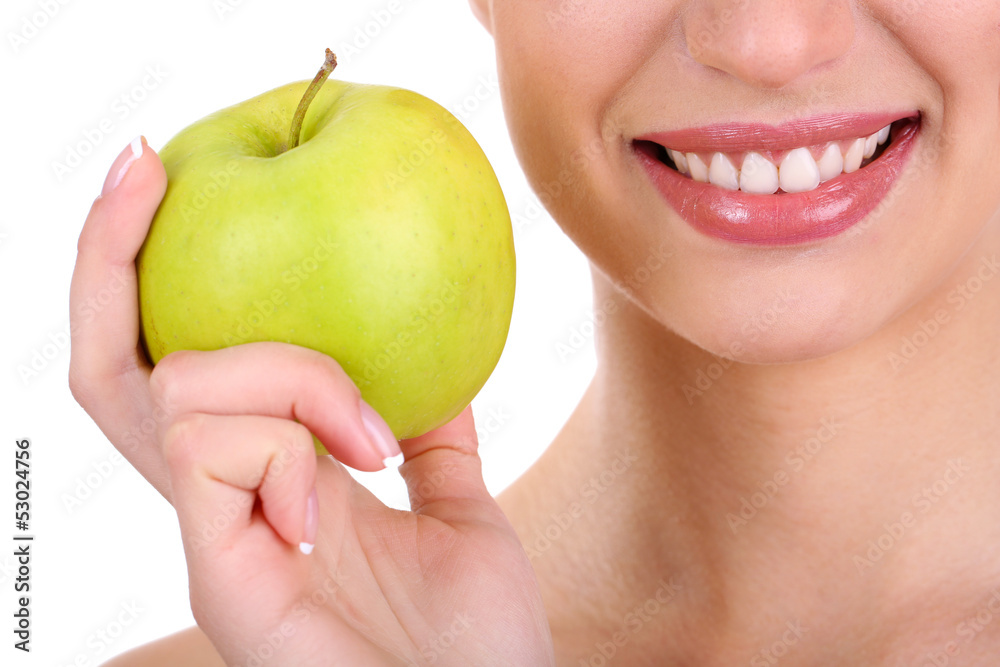 Smiling woman with apple isolated on white Smiling woman with apple isolated on white