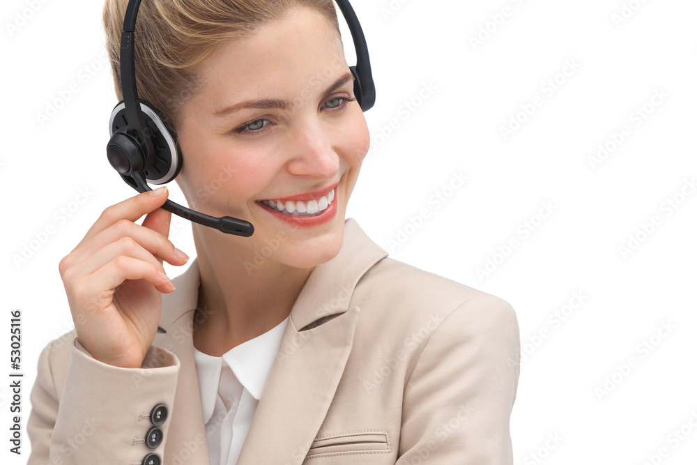 Smiling operator talking on headset Smiling operator talking on headset