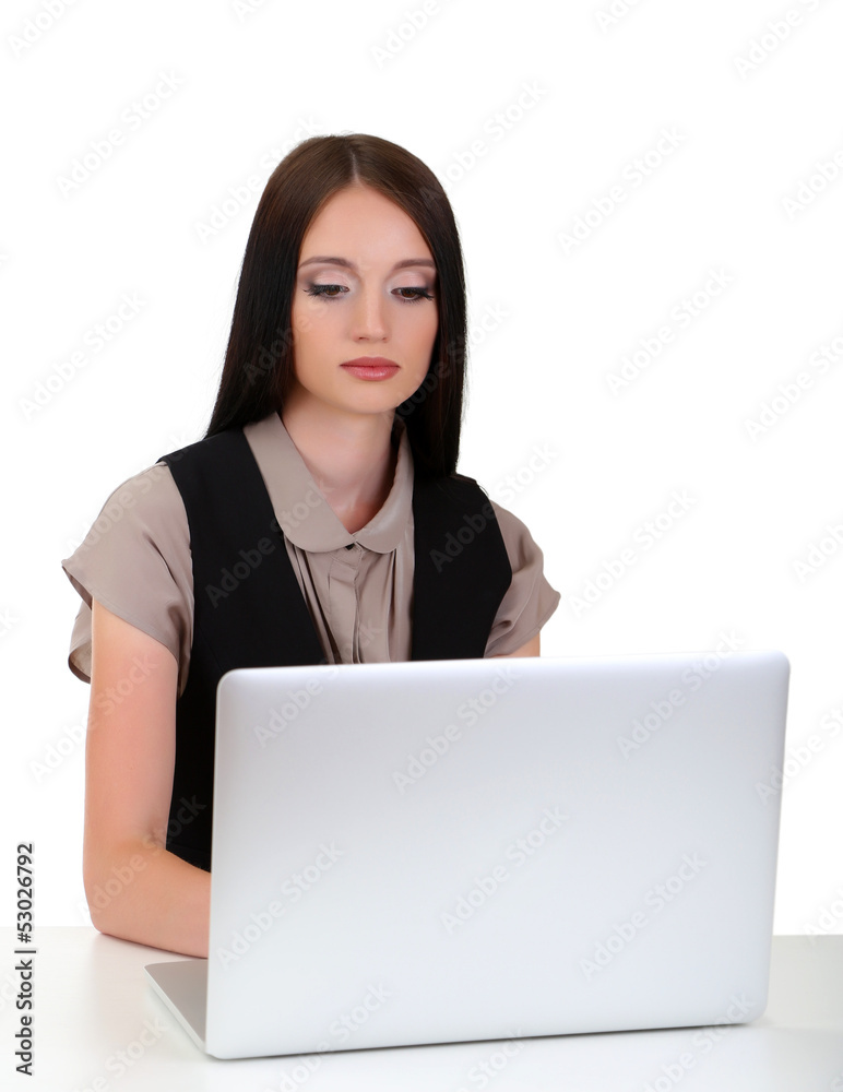 Young business woman working with computer, isolated on white Young business woman working with computer, isolated on white