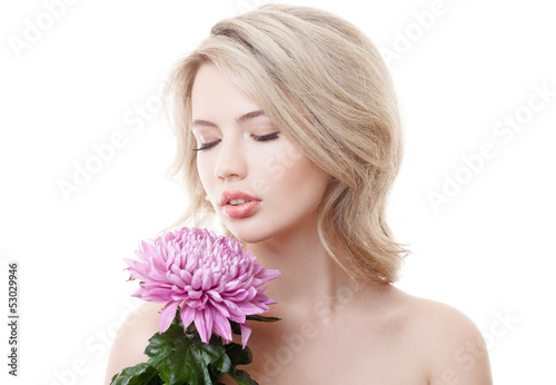 Beautiful Woman Holding Pink Chrysanthemum