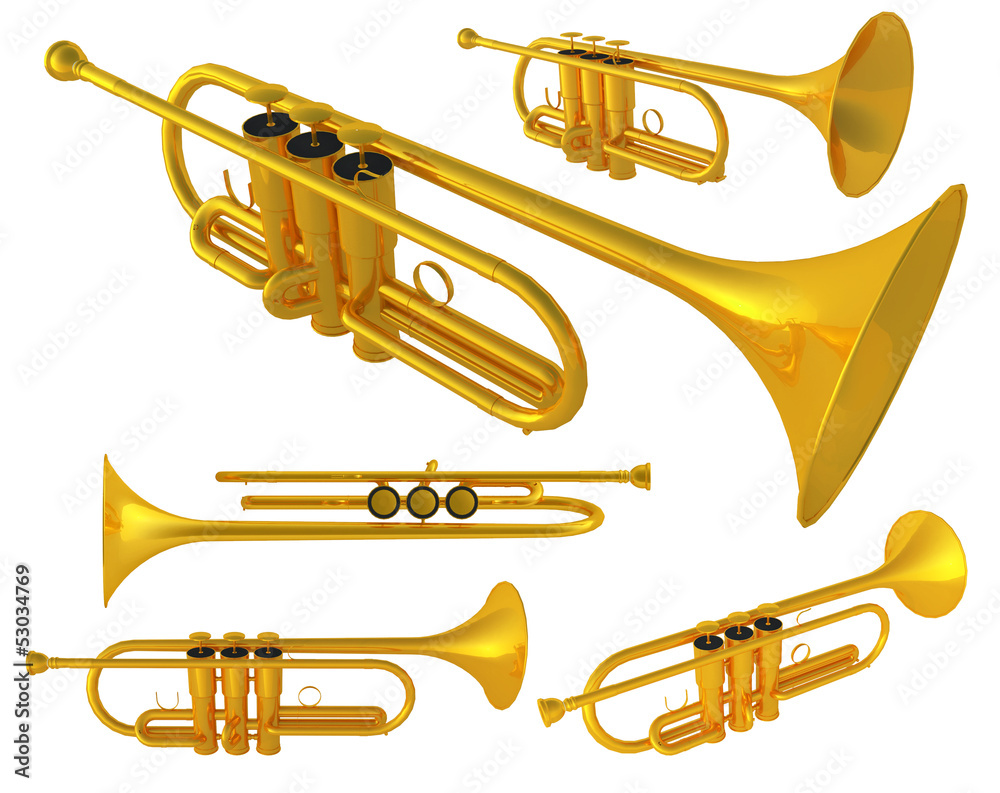 Fototapeta premium Isolated polished 3d brass trumpet. Includes pro clipping path 