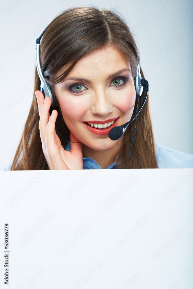 Portrait of woman customer service worker, call center smiling Portrait of woman customer service worker, call center smiling